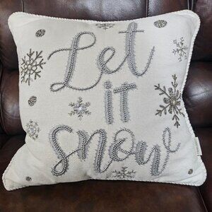 Cynthia Rowley Silver Beaded Snowflakes White Let it Snow Holiday Large Pillow